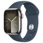 Apple Watch Series 9 41mm, Silver Stainless Steel Case with Sport Band - Storm Blue SM