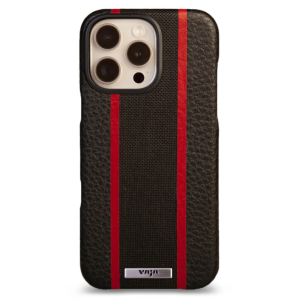 Чехол накладка из кожи VAJA Grip для iPhone 16 Pro V-Mag, черный с красной полосой (GTX Black and Rosso)