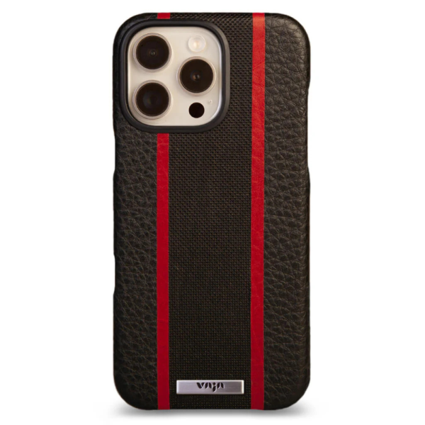 Чехол накладка из кожи VAJA Grip для iPhone 16 Pro V-Mag, черный с красной полосой (GTX Black and Rosso) — изображение 1