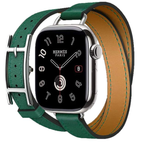 Кожаный двойной тонкий ремешок с пряжкой Hermes для Apple Watch 42mm Attelage Hapi Double Tour - Зеленый (Vert Moyen) — изображение 2