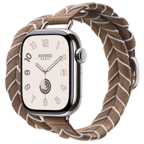 Apple Watch Hermes Series 10 42mm, двойной тонкий ремешок из плетеного нейлона бежевый с белым — изображение 1